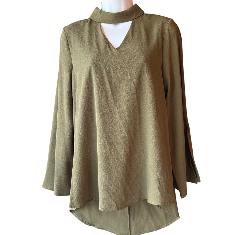 She + Sky Choker Neck Blouse Long Sleeve Hi Low Hem Olive Sz Small New With Tag